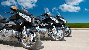 Three street bikes on the street.